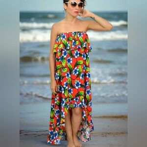 Anthro’s Easel, Vibrant & Romantic,Hi-Low Strapless Dress, Floral Sunset,Size L